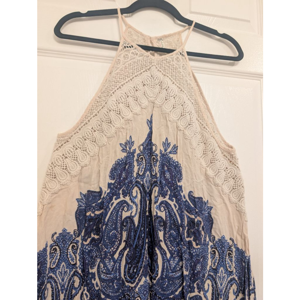 Women's Free People Mini Dress Petite S Beige Blue Paisley Shea Print Bohemian - Picture 2 of 7